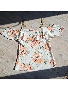 Floral Off-Shoulder Top with Gold Chain Straps